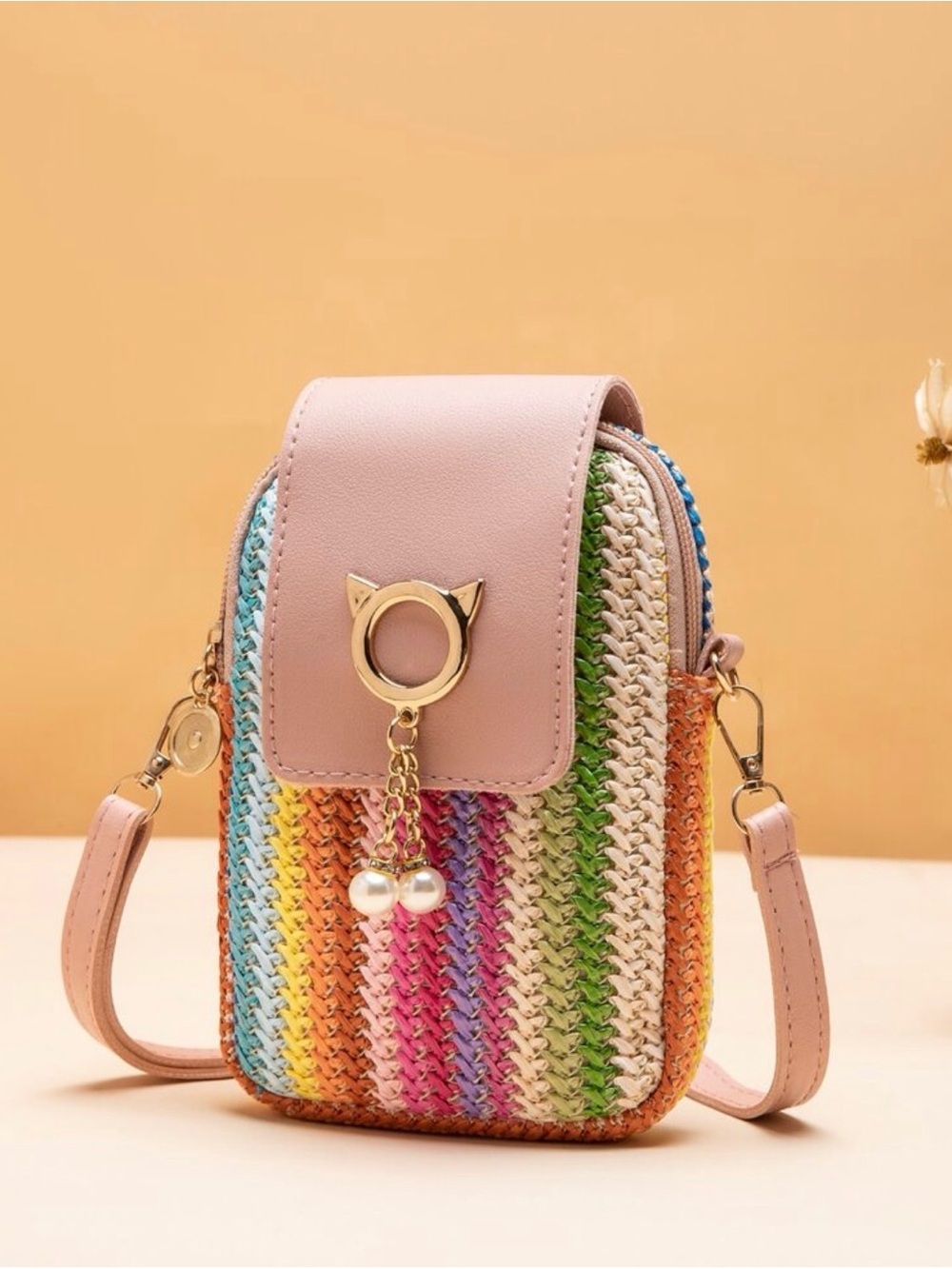 Women’s Pink Multicolor Straw Crossbody Bag with Cat Charm - Picture 2 of 4